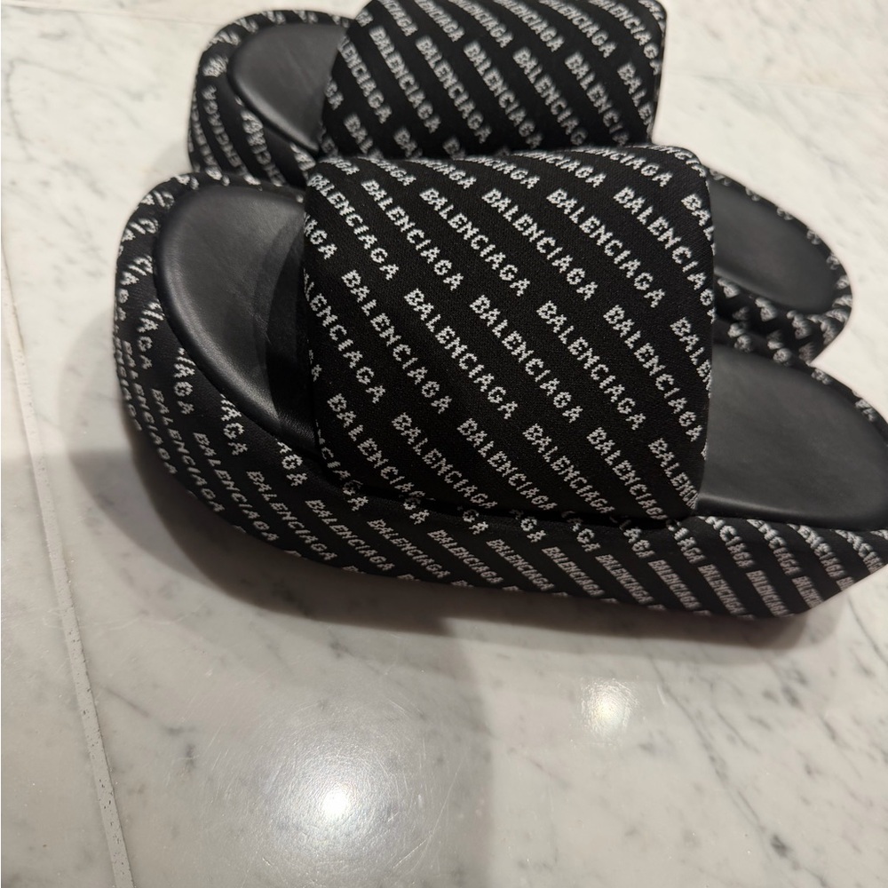 Balenciaga Black and White Logo Padded Slide Sandals